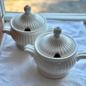 Pair of Vintage White Porcelain Soup Tureens with Lids & Ladle Slots – 7.5” Tall – Classic Servingware with Age Patina