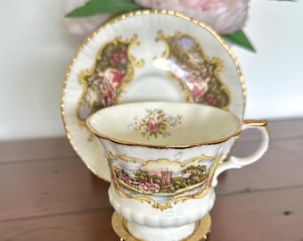Zestaw porcelany kostnej Vintage Paragon Chippendale Teacup Saucer Scenic