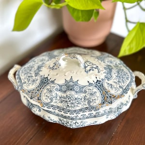 Antique Warwick Covered Dish Blue Transferware Tureen Gold