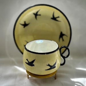 Antique Nippon Teacup & Saucer: Hand-Painted Birds, Luster Interior, Sunset Mark
