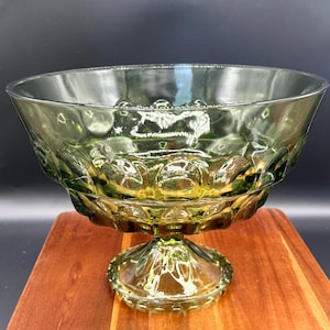 Vintage Hazel Atlas Reflections Avocado Green Thumbprint Centerpiece Bowl 10” Depression Glass Footed Fruit Dessert Serving Dish