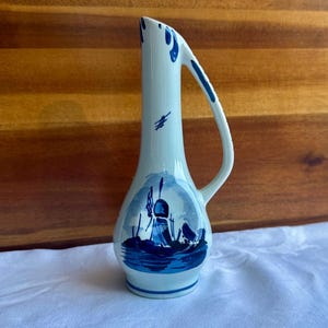 Vintage Delft Blue Hand-Painted Pitcher Vase – Windmill Scene – 6.5” Holland Pottery