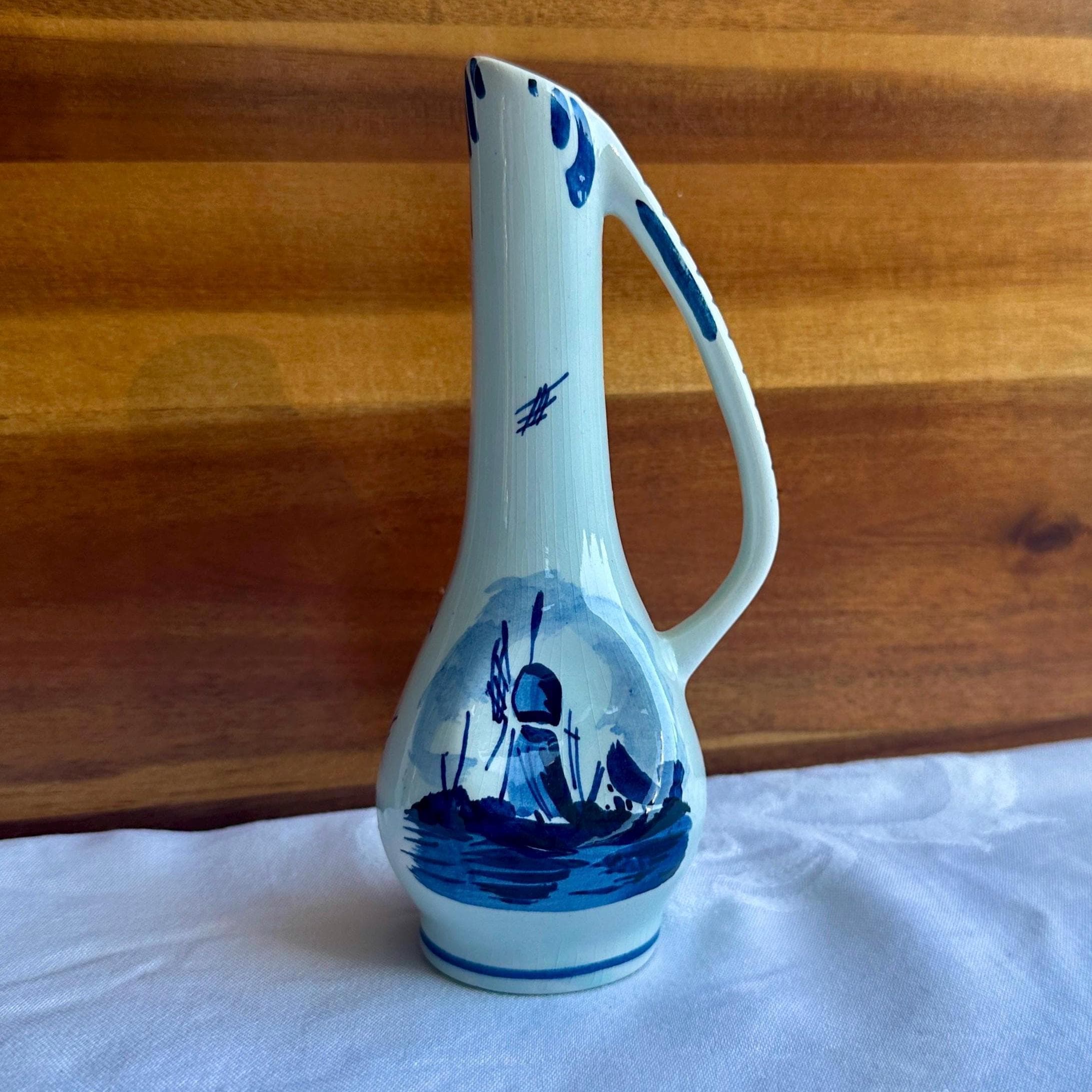 Vintage Delft Blue Hand-painted Pitcher Vase – Windmill Scene