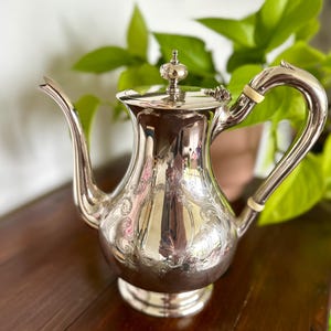 May include: A polished silver tea or coffee pot with an engraved floral design. The pot features a curved spout, a decorative handle, and a lid with a small finial. The pot is highly reflective, with a blurred background.