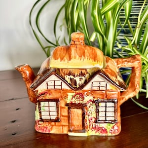 Può includere: Teiera in ceramica a forma di casetta, con tetto di paglia marrone e pareti in mattoni arancioni. Le finestre e la porta sono rifinite con bordi marrone scuro. La teiera ha un manico e un beccuccio ed è decorata con motivi floreali.