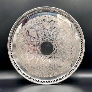Vintage 12” Silver-Plated Tray – Primrose EP Brass – Ornate Etched Design & Pierced Border – Freshly Polished