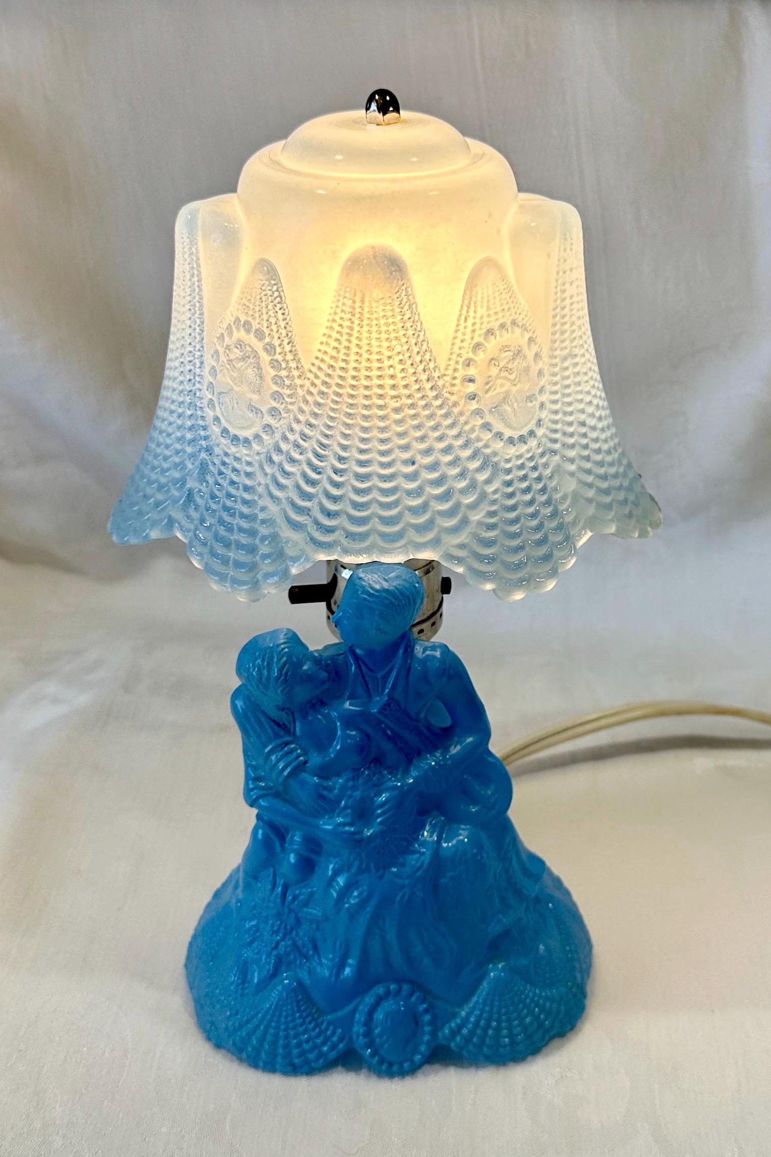 Vintage 1950s APEX Blue Slag Glass Courting Couple Lamp, Frosted