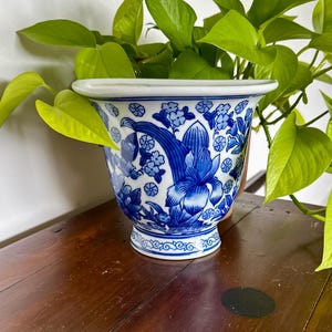 May include: A blue and white ceramic plant pot with a floral pattern. The pot has a wide, rectangular opening and a pedestal base. Green leaves from a plant are visible above the pot, creating a natural contrast.