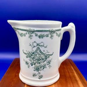 Antique John Haddock & Sons Pitcher Jug – Green Floral Ribbon – Royal Vitreous Newport England – Victorian Ceramic Vase
