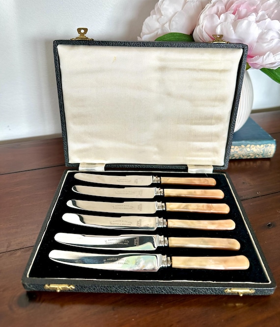 アンティーク ヴィンテージ バターナイフ セット Vintage Sheffield Butter Knives Set of 6 Mother of Pearl Boxed