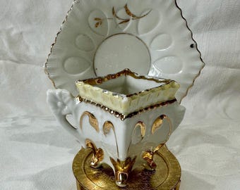 Antique Empire Porcelain Cup & Saucer | Paris Style, Hand-Gilded, Ornate Pedestal Base, c.1820s