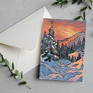 Printable Christmas Card 5x7-Mountain Landscape with Decorated Tree