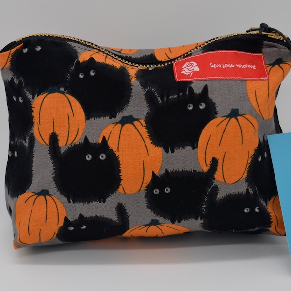 Fluffy Black Cat and Orange Pumpkin  Zipper Pouch - Medium Size