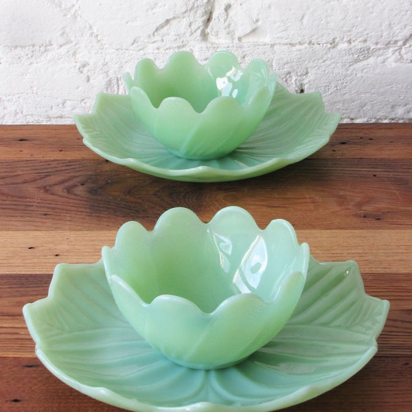 Vintage Set of Jadeite Lotus Blossom Bowl and Petal Leaf Plate Pair by Fire King Anchor Hocking Flower Jadite Green Glass Made in USA