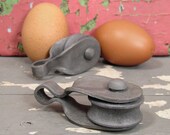 Vintage Set of Two Iron Pulleys Small Industrial Matching Pair Hardware