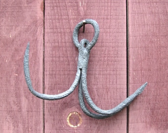 Vintage Hand Forged Iron Treble Hook Antique 3 Metal Hooks and Ring Nautical Grappling Hook