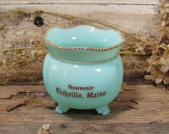 Vintage Jadeite Souvenir Vase: Gold Trim Jadite; Richville, Maine Footed Indoor Planter Cup