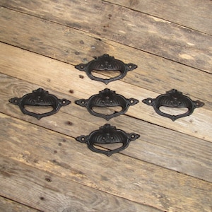 Vintage Set of 5 Cast Iron Drawer Cup Handles Ornate Victorian Metal Cabinet Pulls Architectural Salvage Hardware