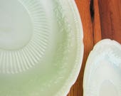 Vintage Set of 2 Jadeite Alice Saucers Pair by Fire King Anchor Hocking Flower Jadite Dinnerware Tea Plates Jade-ite Green Glass Made in USA