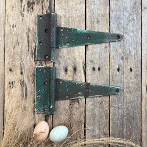 Vintage Pair of Iron T Strap Hinges Set of 2 Large Green Industrial Cabinet Rustic Cupboard Textured Barn Door Hardware Set