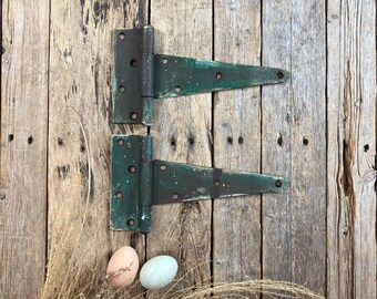 Vintage Iron T Strap Hinges, Green Rustic Barn Door Hardware Set