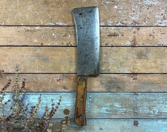 Vintage Cleaver 9" Steel and Brass Rivets, Wood Handle: Butcher's Meat Knife; Farmhouse Tool