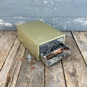 Vintage Rare Metal Drawer Cabinet Desk Top Organizer Small Steel Tin Tool Parts Mid Century 2 Drawers Gold, Silver, Yellow Office Unit