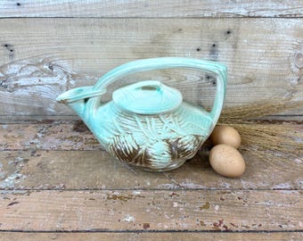 Vintage McCoy Teapot: Mid Century Modern Pine Cone Jade Green Ceramic Matte Glazed USA