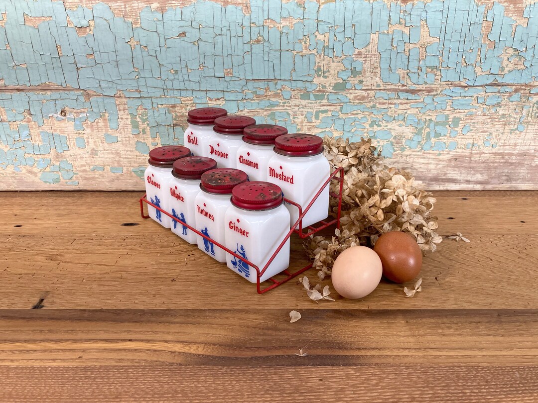 Vintage Shakers and Rack Dutch Milk Glass Spice Containers Dove the Frank Tea & Spice Co