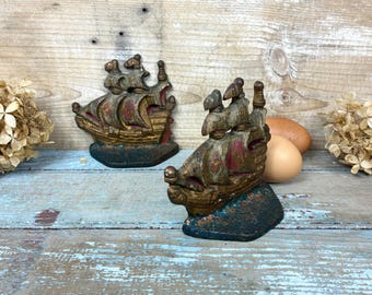 Antique Bookends Pair: Set of Cast Iron Galleon Ship; Nautical Library Decor