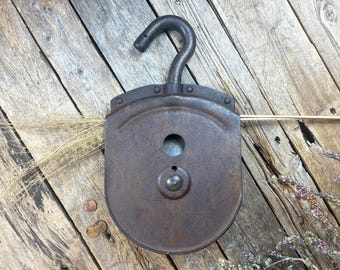 Vintage Industrial Steel and Iron Pulley with Hook