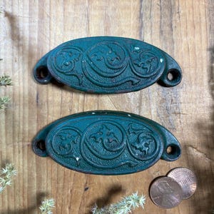 Antique Cast Iron Drawer Pulls - Green Victorian Ornate Cabinet Handles (Set of 2)