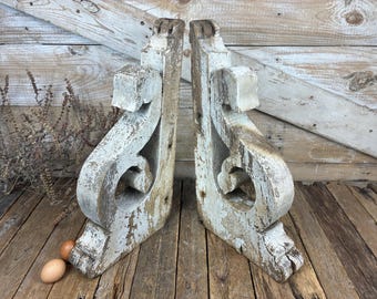 Antique Wooden Corbels Pair, White Architectural Salvage Details