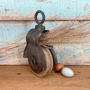 Vintage Wood Wheel Pulley with Iron Loop Block and Tackle Industrial Steel Metal Rustic Farmhouse Cabin Cottage Pendant Light Plant Hanger