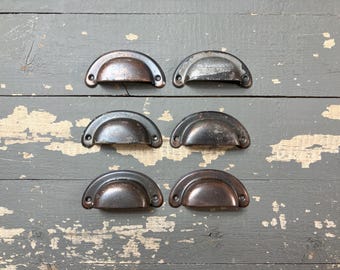 Set of 6 Vintage Steel Drawer Cup Pulls, Library Cabinet Hardware