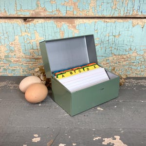 Vintage Metal Recipe Box Mid Century Jade Green Steel Address Book Container with Recipe Index Cards and Alphabet Dividers