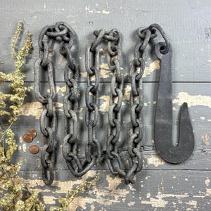 Antique Hand Forged 82&quot; Iron Chain with Large Hook Blacksmith Hardware