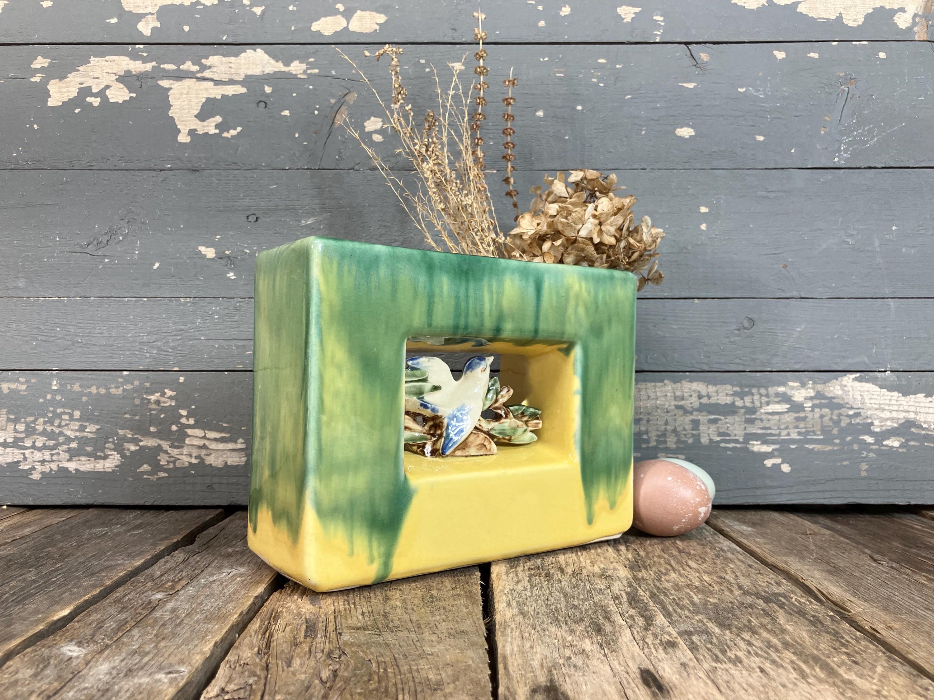 Vintage McCoy Blue Bird Vase Aracature Line 1951 MCM Pottery Flower Pot Green and Yellow Ceramic Gloss Glaze Planter Low Rectangle 6" x 8"