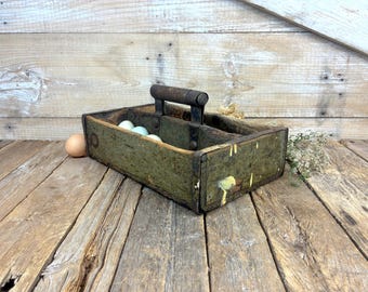 Vintage Handmade Wooden Tool Caddy with Metal Details