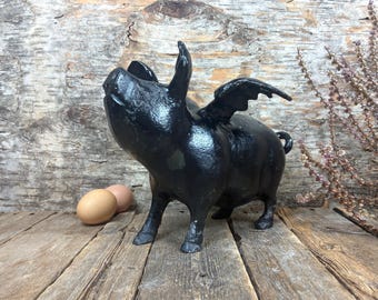 Vintage Cast Aluminum Flying Pig: Folk Art Piggy; Black Painted Hog