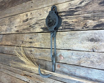 Antique Iron Double Pulley with Hook and Link, Farmhouse Decor