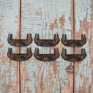 Antique Set of 6 Cast Iron Pulls with Label Holder Vintage Ornate Victorian Cabinet Bin Drawer Cup Handles Architectural Salvage Hardware