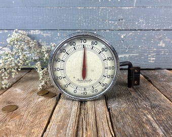 Antique Airguide Thermometer: Wall Mount Swivel Arm - Brass, Glass, Paper and Steel Temperature Gauge