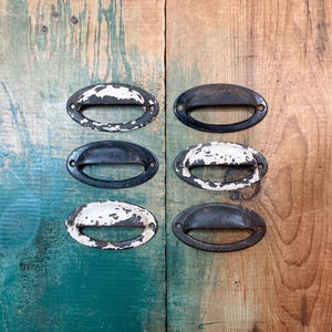 Antique Set of 6 Drawer Cup Pulls Cast Iron Library Cabinet Handles Architectural Salvage General Store Hardware
