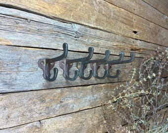 Set of 5 Antique Brass Double Hooks: Cast Brass Farmhouse Hall Tree Hardware