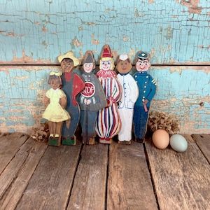 Antique Folk Art Set of 6 Townspeople Handmade Wood Figures Hand Painted Wooden Vintage Toys One-of-a-Kind Outsider Art