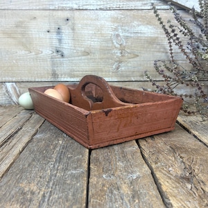 Antique Patterned Cutlery Tray with Handle: Primitive Rust Red Handmade Caddy