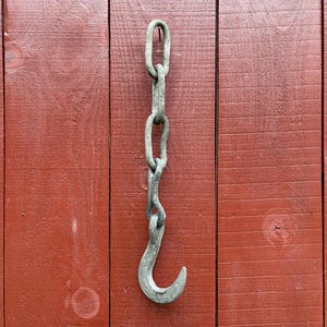 Antique Hand Forged Iron Chain with Hook Vintage Blacksmith Metal Farm Tool Handmade Hardware