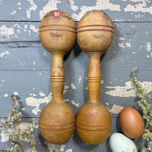 Antique Pair Hardwood Dumbbells James W. Brine Exercise Hand Weights 1/2 lb Wood Set 2 Vintage Gym Game Room Athletics Boston, Cambridge, MA