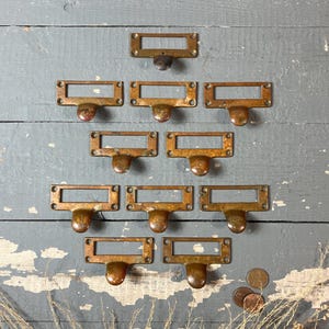 Antique Set of 11 Brass File Card Catalog Pulls with Badges Vintage Metal Architectural Salvage Drawer Hardware with Labels